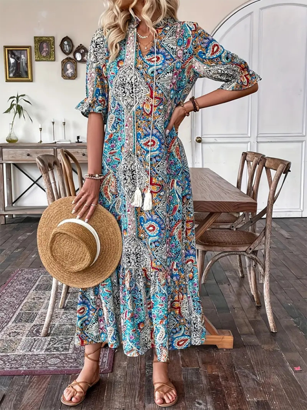 Heidi-Mode | Damen Gedrucktes Schnürung Elbow Sleeve Rüsch Kleid