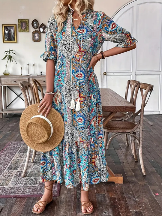 Heidi-Mode | Damen Gedrucktes Schnürung Elbow Sleeve Rüsch Kleid