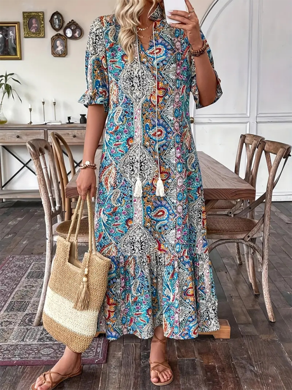 Heidi-Mode | Damen Gedrucktes Schnürung Elbow Sleeve Rüsch Kleid