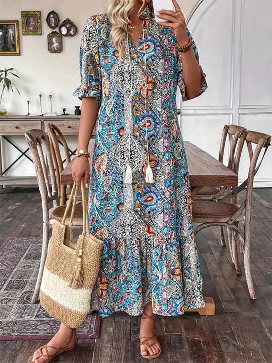Heidi-Mode | Damen Gedrucktes Schnürung Elbow Sleeve Rüsch Kleid