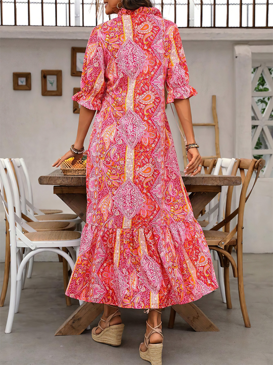 Heidi-Mode | Damen Gedrucktes Schnürung Elbow Sleeve Rüsch Kleid