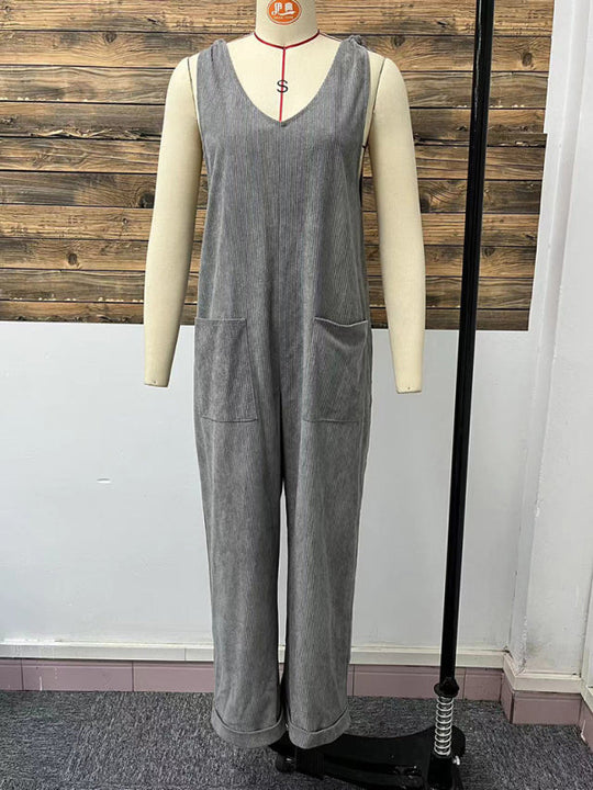 Heidi-Mode | Neue einfarbige V-Ausschnitt ärmellose lässige lockere gerade weite Hose Jumpsuit