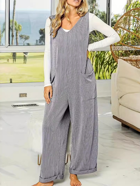 Heidi-Mode | Neue einfarbige V-Ausschnitt ärmellose lässige lockere gerade weite Hose Jumpsuit
