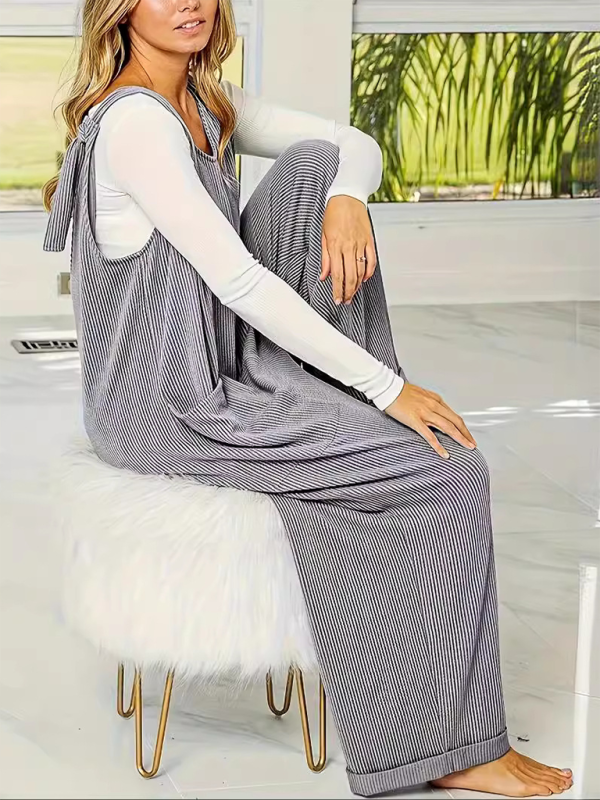 Heidi-Mode | Neue einfarbige V-Ausschnitt ärmellose lässige lockere gerade weite Hose Jumpsuit