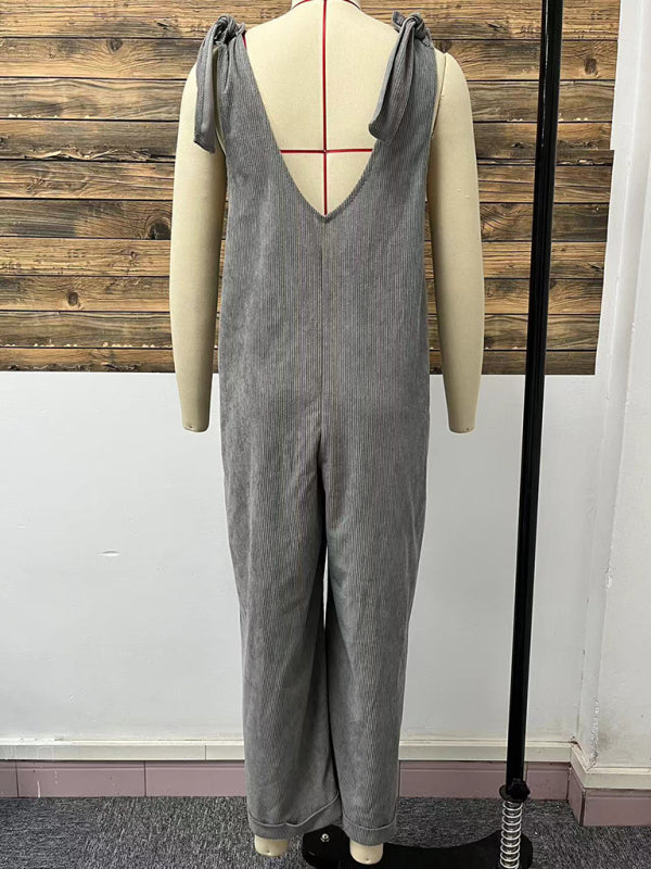Heidi-Mode | Neue einfarbige V-Ausschnitt ärmellose lässige lockere gerade weite Hose Jumpsuit