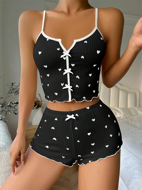 Heidi-Mode | Herzbedruckte Farbkontrast Homewear Frontsplit Sling Sexy Schlafanzug Set