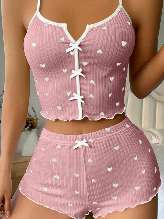 Heidi-Mode | Herzbedruckte Farbkontrast Homewear Frontsplit Sling Sexy Schlafanzug Set