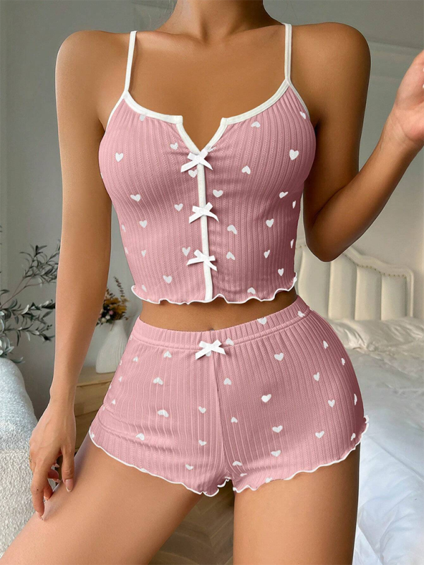 Heidi-Mode | Herzbedruckte Farbkontrast Homewear Frontsplit Sling Sexy Schlafanzug Set