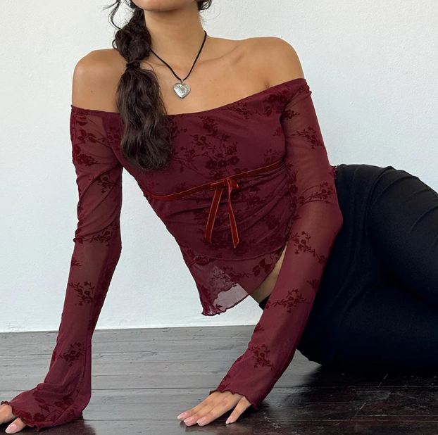 Heidi-Mode | Elegantes Off Shoulder Mesh Top mit Blumenmuster