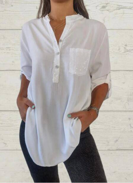 Heidi-Mode | Lockere Baumwollbluse mit V-Ausschnitt, Pailletten und halblangen Ärmeln