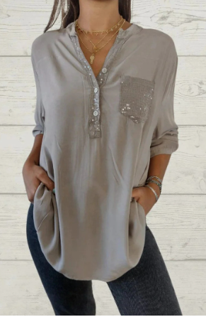 Heidi-Mode | Lockere Baumwollbluse mit V-Ausschnitt, Pailletten und halblangen Ärmeln