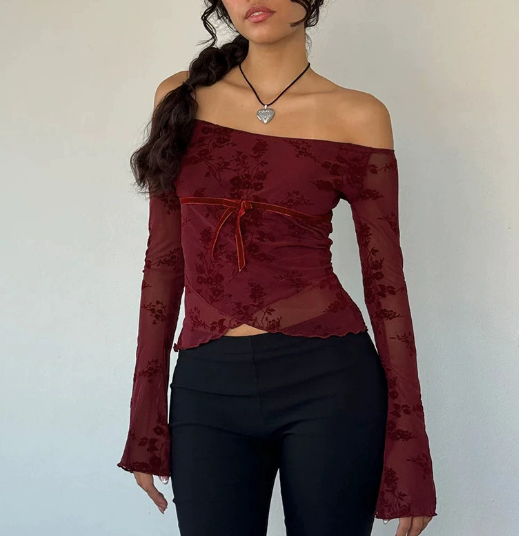 Heidi-Mode | Elegantes Off Shoulder Mesh Top mit Blumenmuster