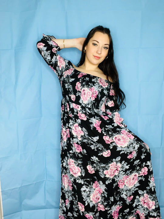 Heidi-Mode | Langes Blumenkleid mit Umgeschlagenen Ärmeln