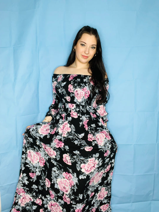 Heidi-Mode | Langes Blumenkleid mit Umgeschlagenen Ärmeln