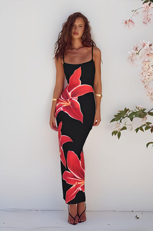 Heidi-Mode | Schwarzes Midikleid mit Blumenmuster für Damen