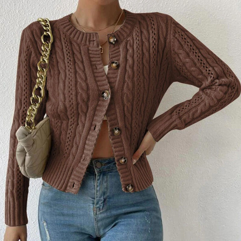 Heidi-Mode | Cardigan Fitted Wolle-Mischung Kabelstrick Knopf-Front Langarm