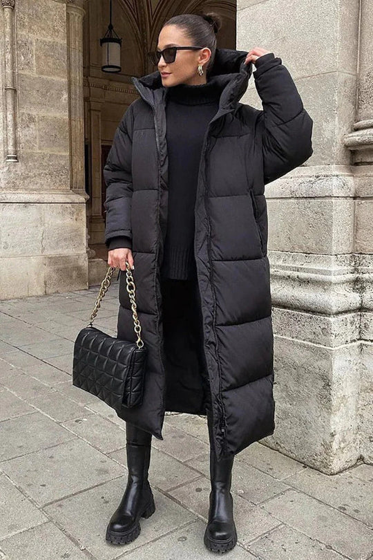 Heidi-Mode | Puffer-Jacke Gesteppter Oversized-Schnitt Vollständig Länge Kapuze Hoher Kragen Warm Tragen