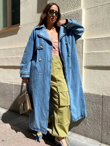 Heidi-Mode | Trenchcoat Oversized Fit Denimstruktur Vollständig Länge Knopf Vorderseite