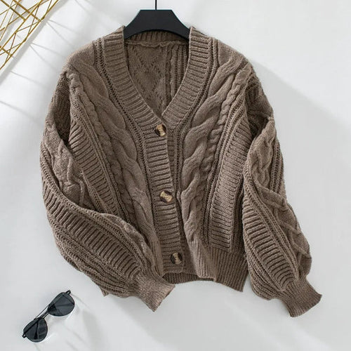 Heidi-Mode | Strickjacke Pullover Wolle Strick V-Ausschnitt Kabelstrick Knöpfe Vorne Lässige Passform