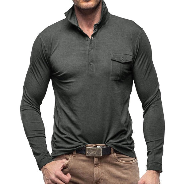 Heidi-Mode | Henley Pique Shirt Slim Fit Lange Ärmel Baumwolle Brusttasche Stehkragen