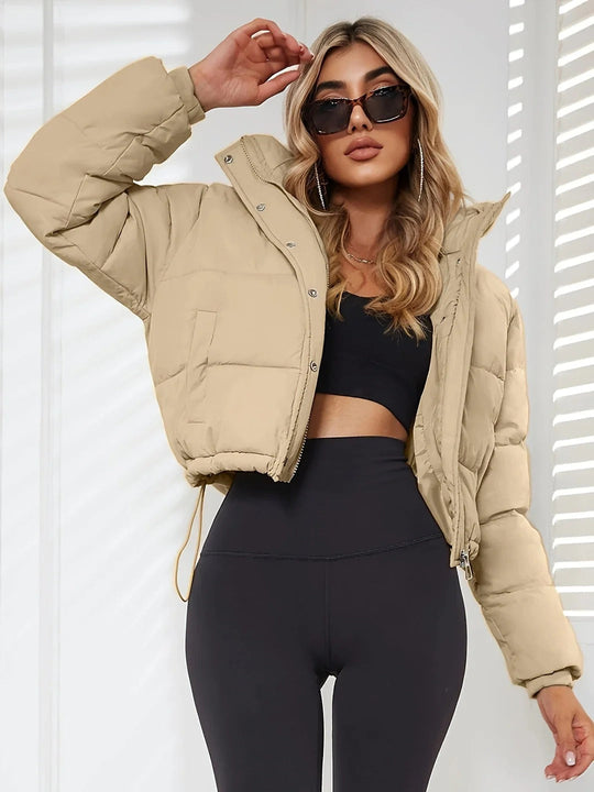 Heidi-Mode | Pufferjacke Cropped Oversized Fit Steppjacke mit Kapuze und Kordelzugsaum