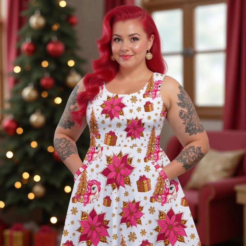 Heidi-Mode | Damen Einhorn Skater Mini Kleid mit Tasche Verspielt