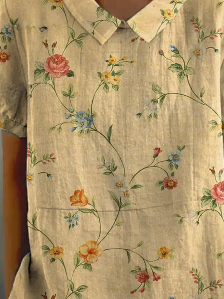 Heidi-Mode - Lässige Bluse für Damen aus Baumwolle und Leinen mit retro Blumenmuster