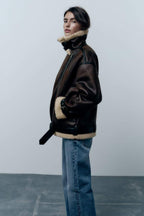 Braun Jacke mit Revers aus Kunstleder