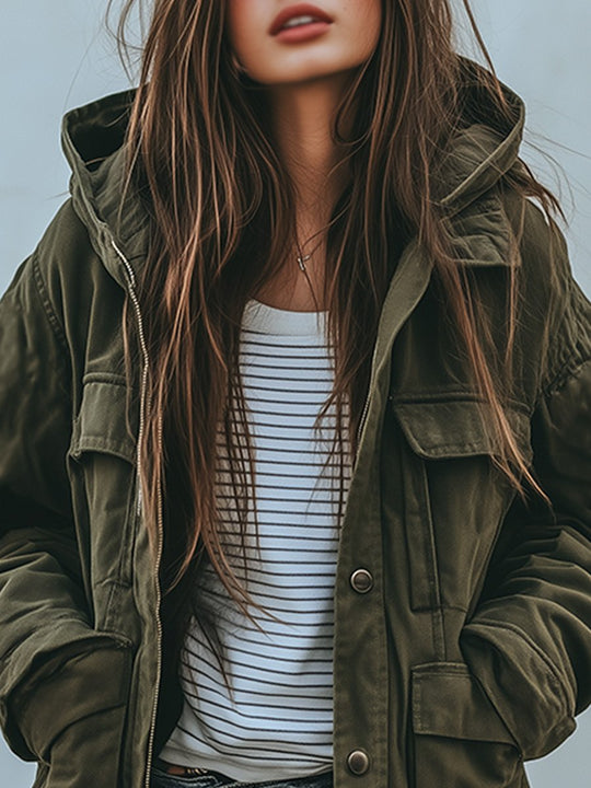 Heidi-Mode | Vintage Winddichte Arbeitsjacke Mit Kapuze Und Mehreren Taschen