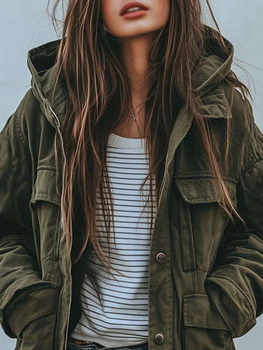 Heidi-Mode | Vintage Winddichte Arbeitsjacke Mit Kapuze Und Mehreren Taschen