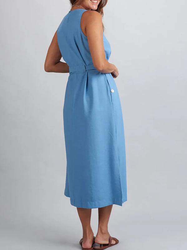 Blaues ärmelloses Kleid mit Taillenband