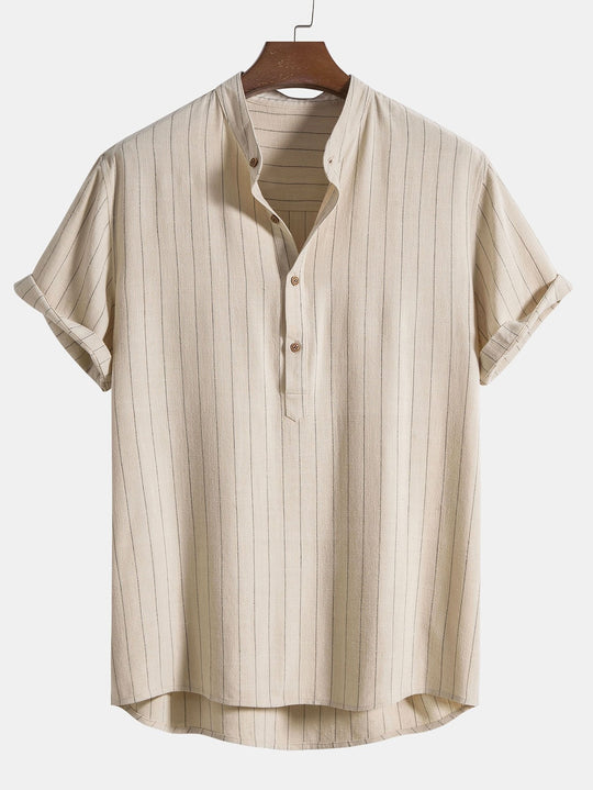 Blend Striped Half Open Placket Henley Collar Shirt & Straight Leg Pants