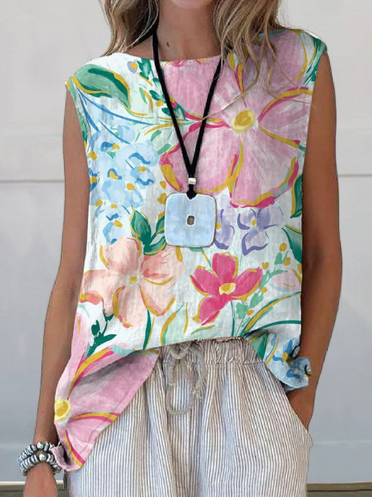 Heidi-Mode | Schöner Floral Art Print Baumwolle und Leinen Tanktop