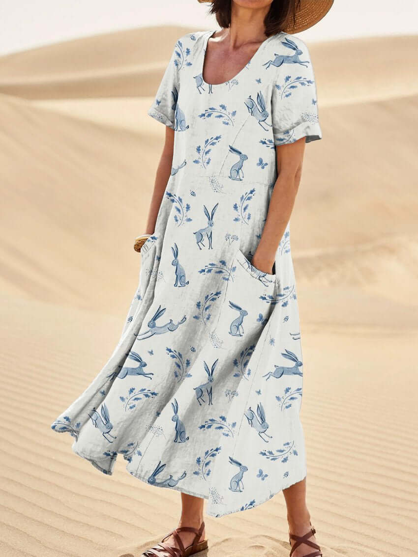 Heidi-Mode | Bunny In Spring Field Repeat Printed Damen Leinen Taschenkleid