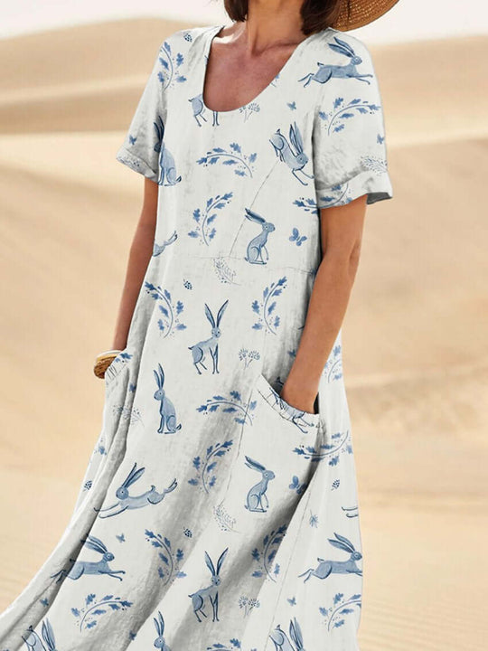 Heidi-Mode | Bunny In Spring Field Repeat Printed Damen Leinen Taschenkleid