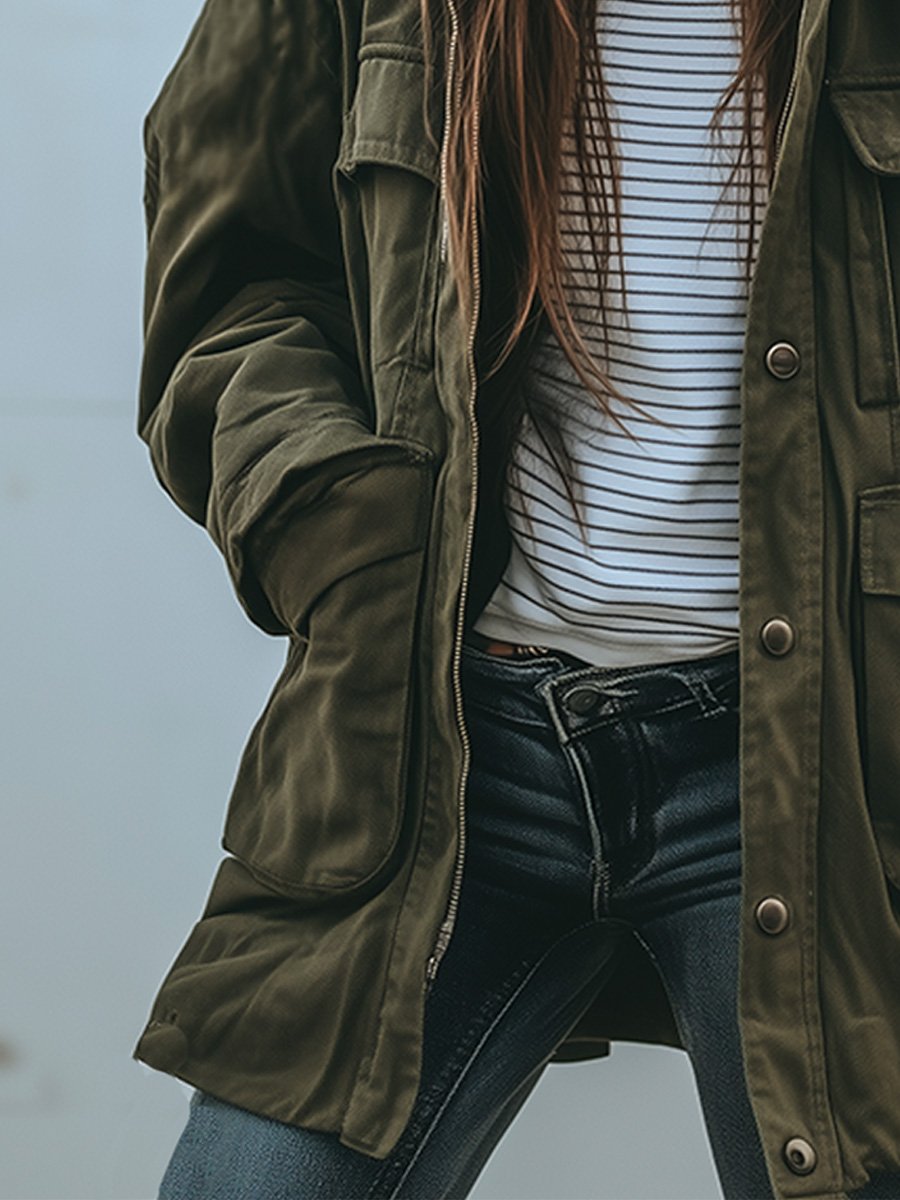 Heidi-Mode | Vintage Winddichte Arbeitsjacke Mit Kapuze Und Mehreren Taschen