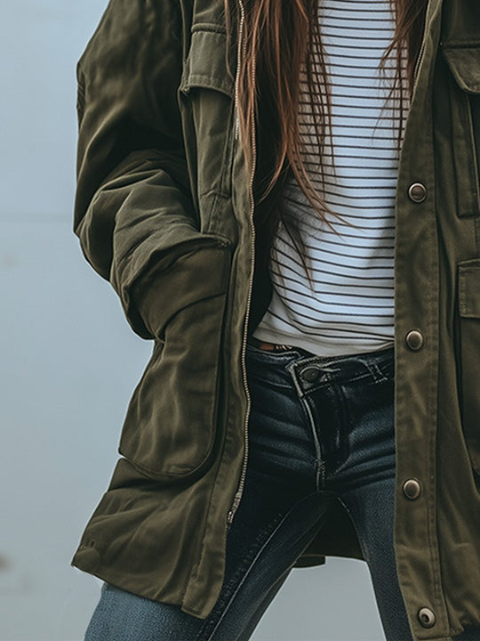 Heidi-Mode | Vintage Winddichte Arbeitsjacke Mit Kapuze Und Mehreren Taschen