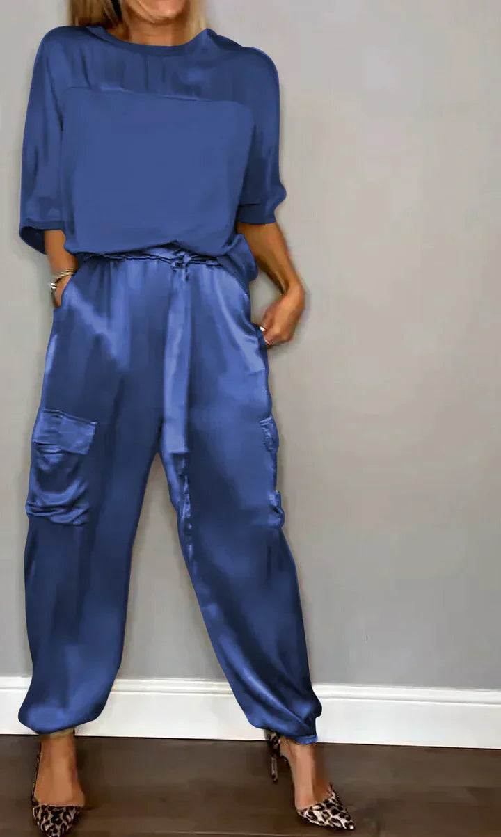 Heidi-Mode | Geteiltes Set Glatt Satin mit Halblangen Oberteil und Hosen für Damen