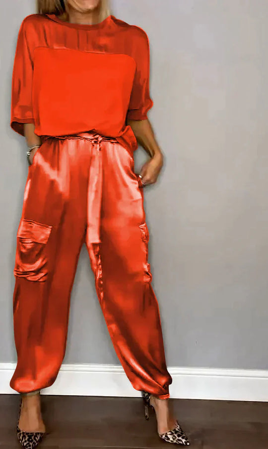 Heidi-Mode | Geteiltes Set Glatt Satin mit Halblangen Oberteil und Hosen für Damen