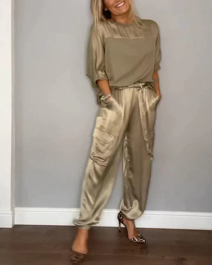 Heidi-Mode | Geteiltes Set Glatt Satin mit Halblangen Oberteil und Hosen für Damen
