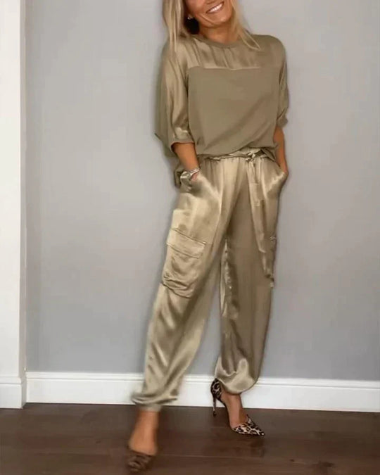 Heidi-Mode | Geteiltes Set Glatt Satin mit Halblangen Oberteil und Hosen für Damen
