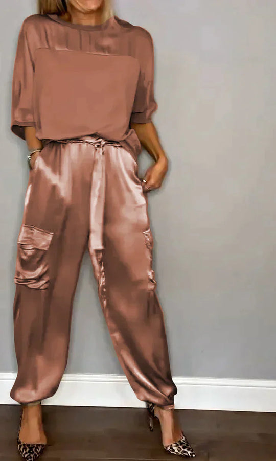 Heidi-Mode | Geteiltes Set Glatt Satin mit Halblangen Oberteil und Hosen für Damen