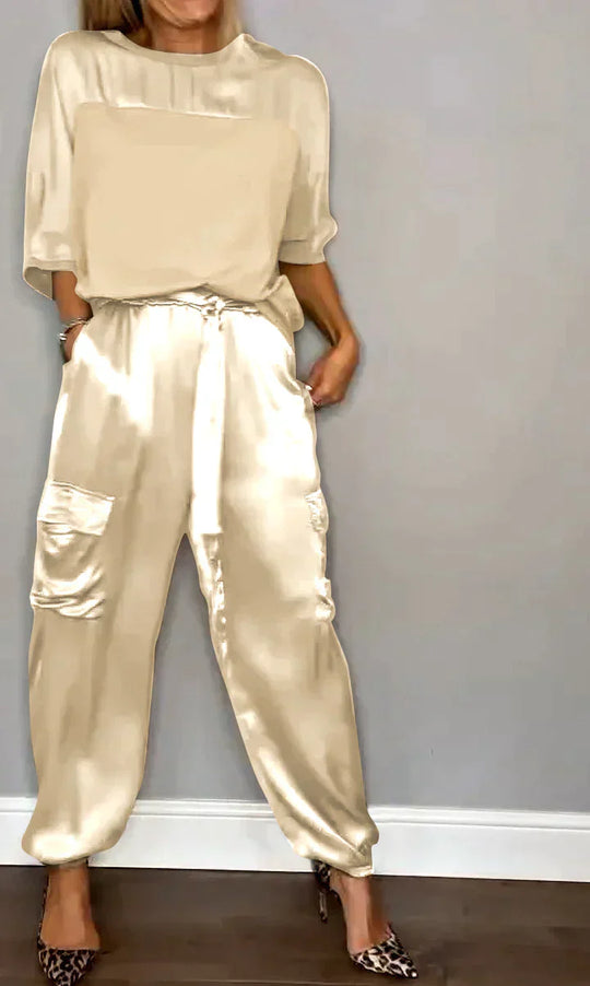 Heidi-Mode | Geteiltes Set Glatt Satin mit Halblangen Oberteil und Hosen für Damen