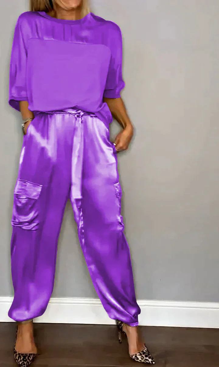 Heidi-Mode | Geteiltes Set Glatt Satin mit Halblangen Oberteil und Hosen für Damen