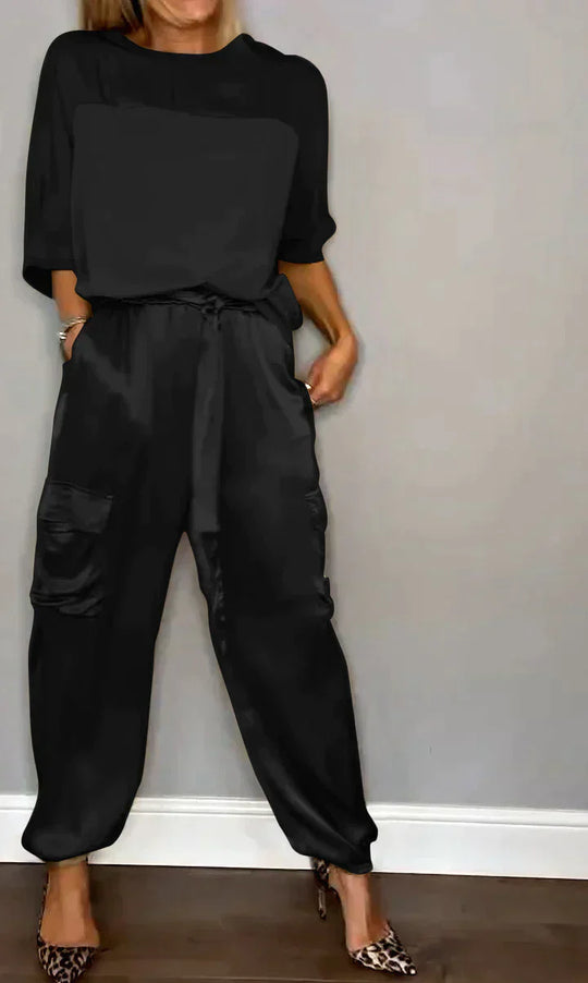 Heidi-Mode | Geteiltes Set Glatt Satin mit Halblangen Oberteil und Hosen für Damen