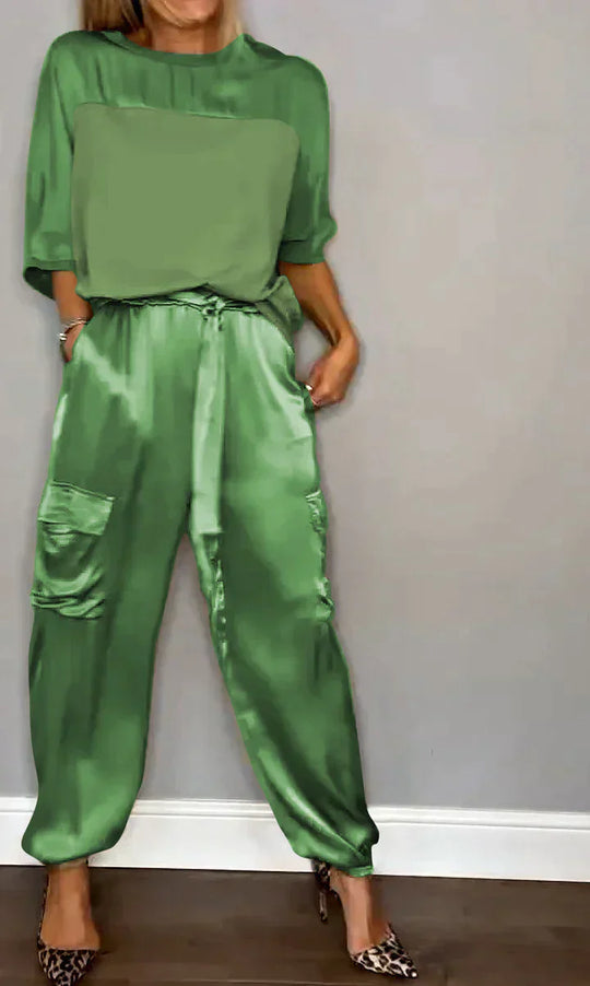 Heidi-Mode | Geteiltes Set Glatt Satin mit Halblangen Oberteil und Hosen für Damen