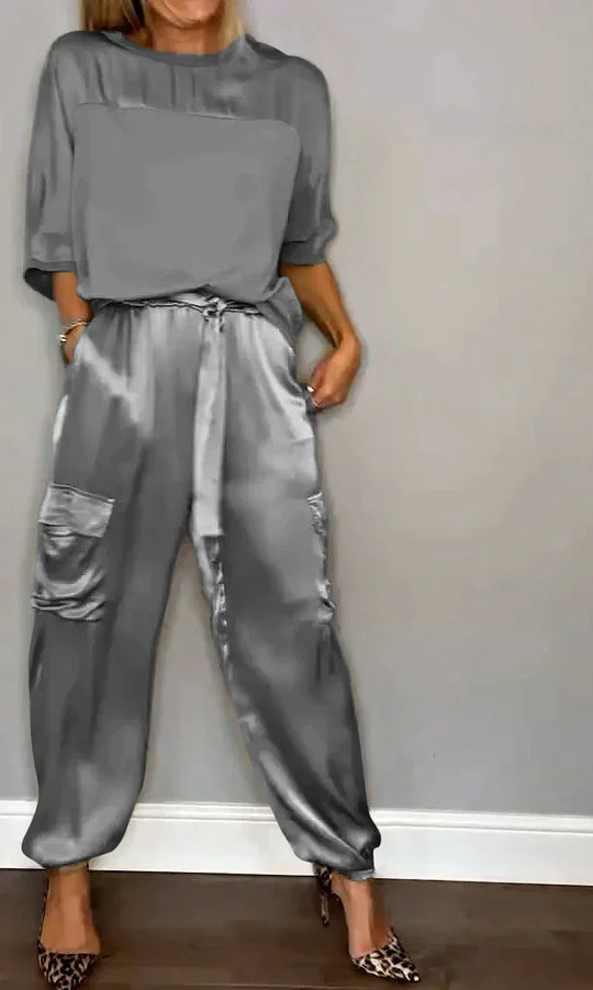 Heidi-Mode | Geteiltes Set Glatt Satin mit Halblangen Oberteil und Hosen für Damen