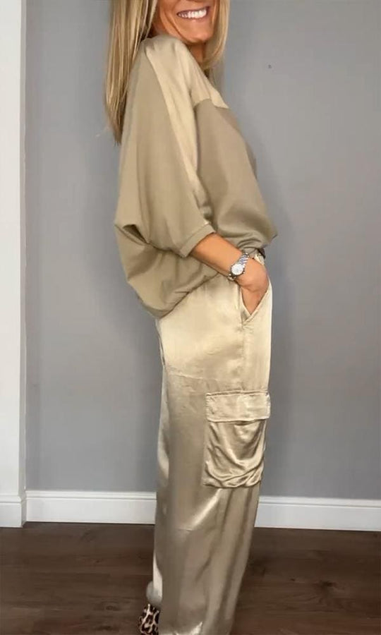 Heidi-Mode | Damen Satin Zweiteiliges Satz: Halbarm Top und Hose