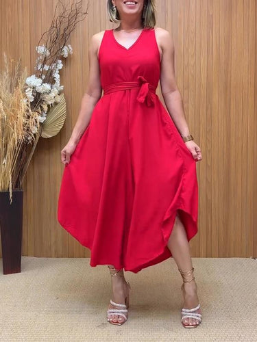 – Rotes V-Ausschnitt Midi-Kleid