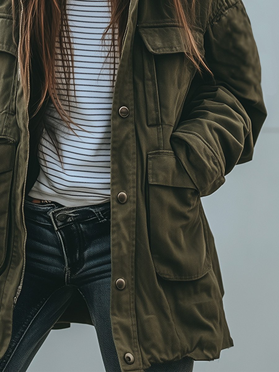 Heidi-Mode | Vintage Winddichte Arbeitsjacke Mit Kapuze Und Mehreren Taschen